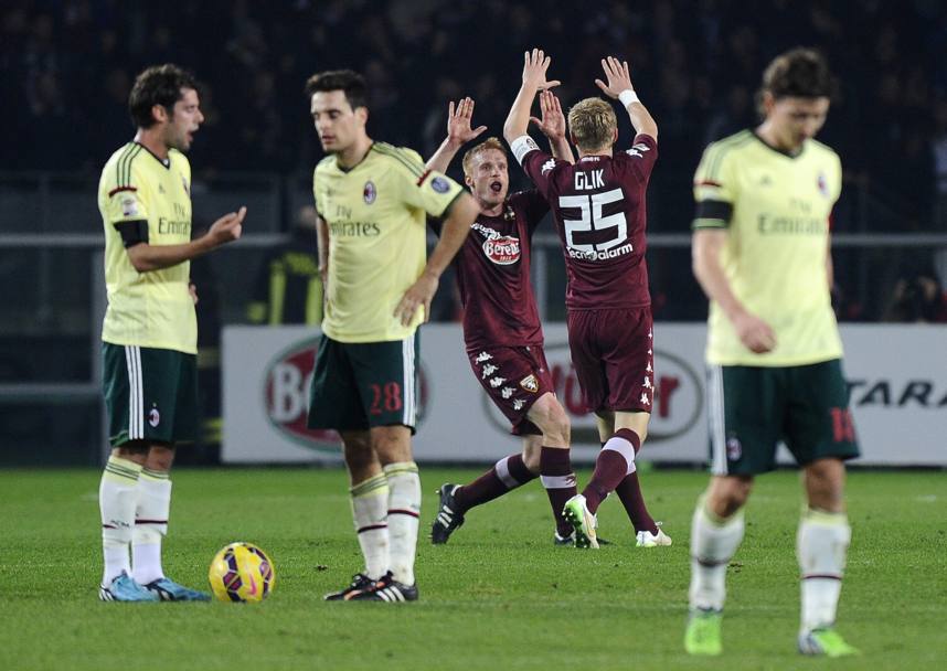 Torino-MIlan 1-1: Kamil Glik esulta con Alessandro Gazzi dopo il gol del pari. Action Images
